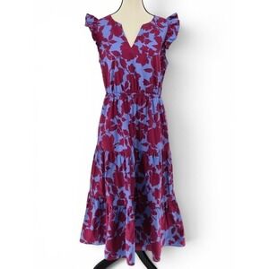 J.Crew Floral Tiered Midi Dress 10 Blue Burgundy Cotton Ruffle Sleeve Summer